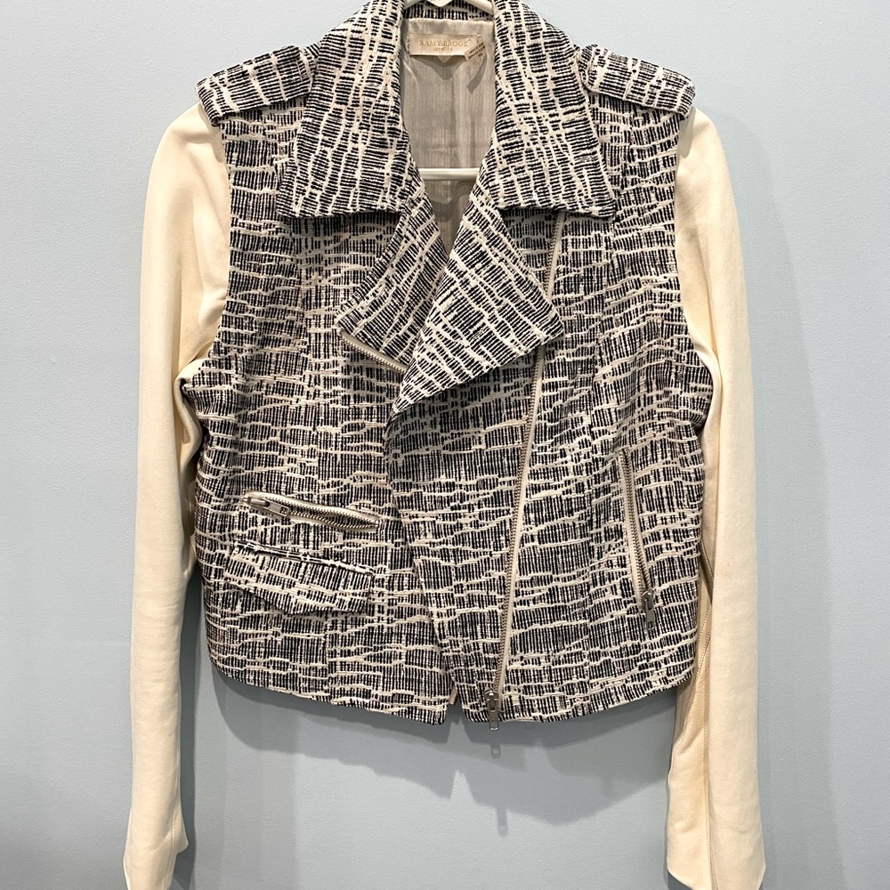 Ramy Brook white cream leather + tweed biker jacket